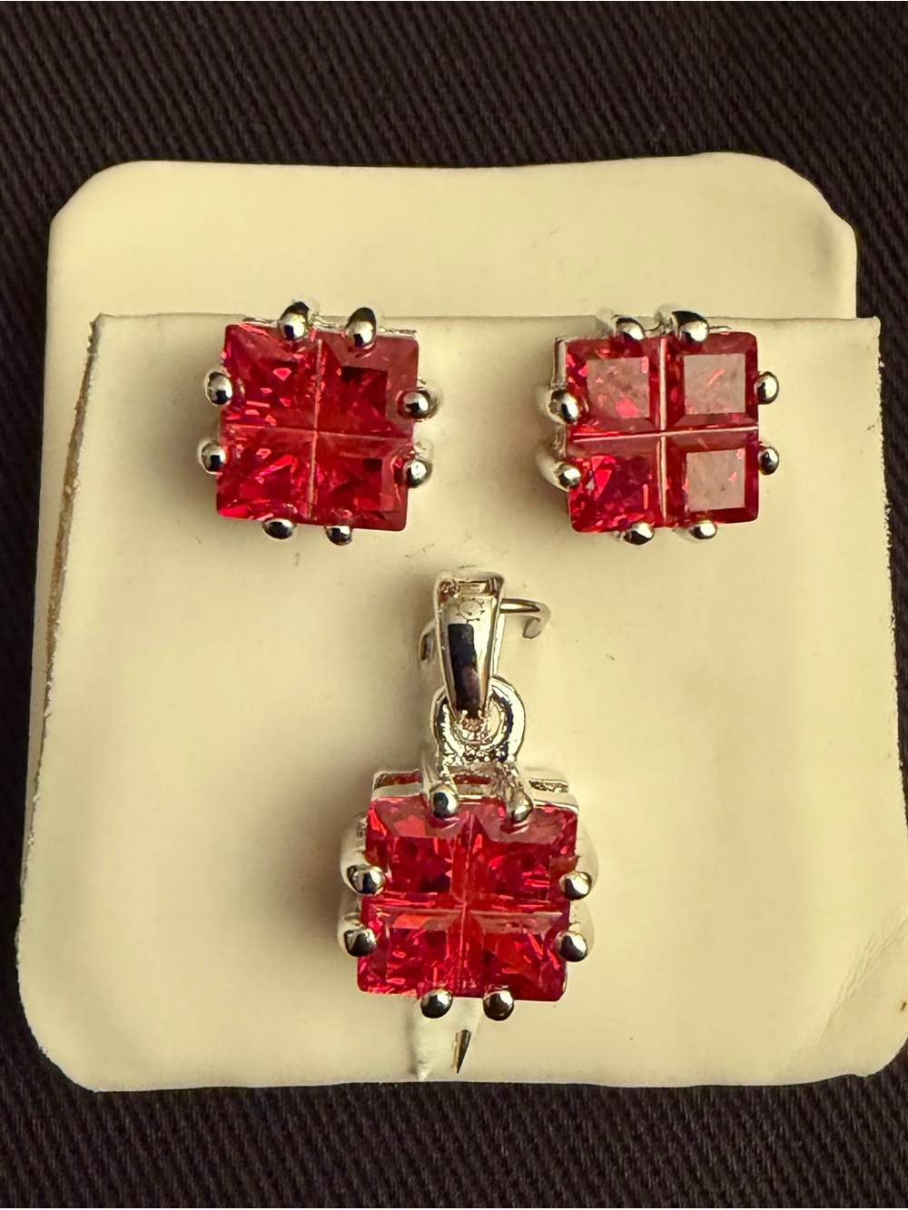 Sterling Silver Red CZ Cubic Zirconia 3-Pc Set Earrings & Pendant